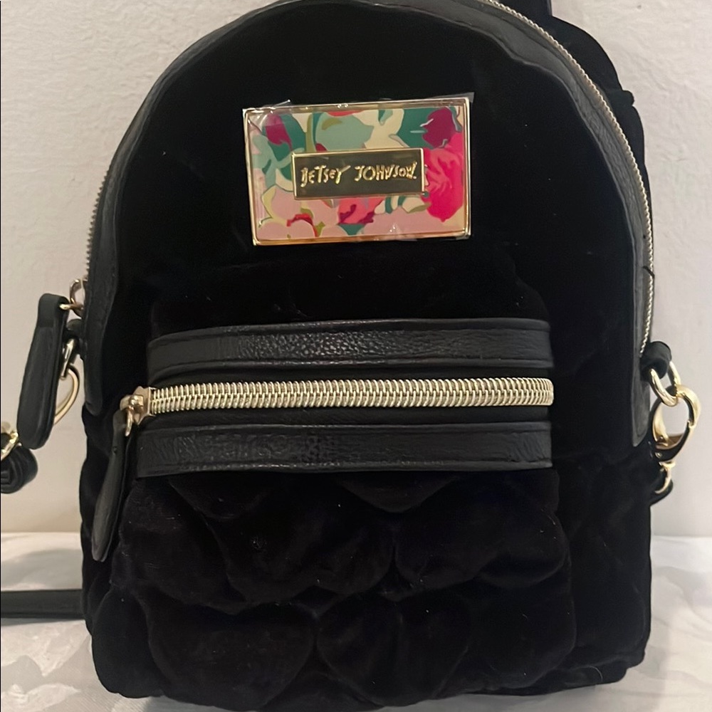Betsey Johnson Mini Black Quilted Velvet Backpack